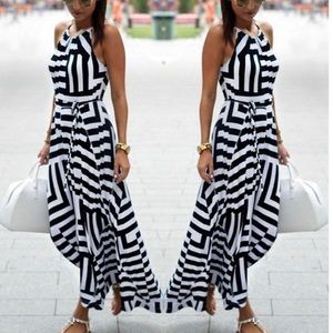 Casual Slim Black White Striped Maxi Dress Chiffon